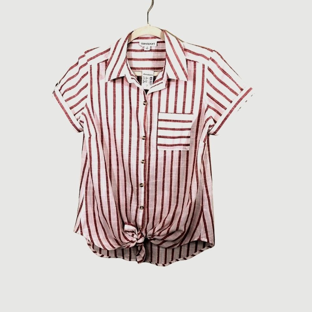 Westport Top Women Shimmer Stripe Top Short Sleeve Cuff Red-White-Gold Size S